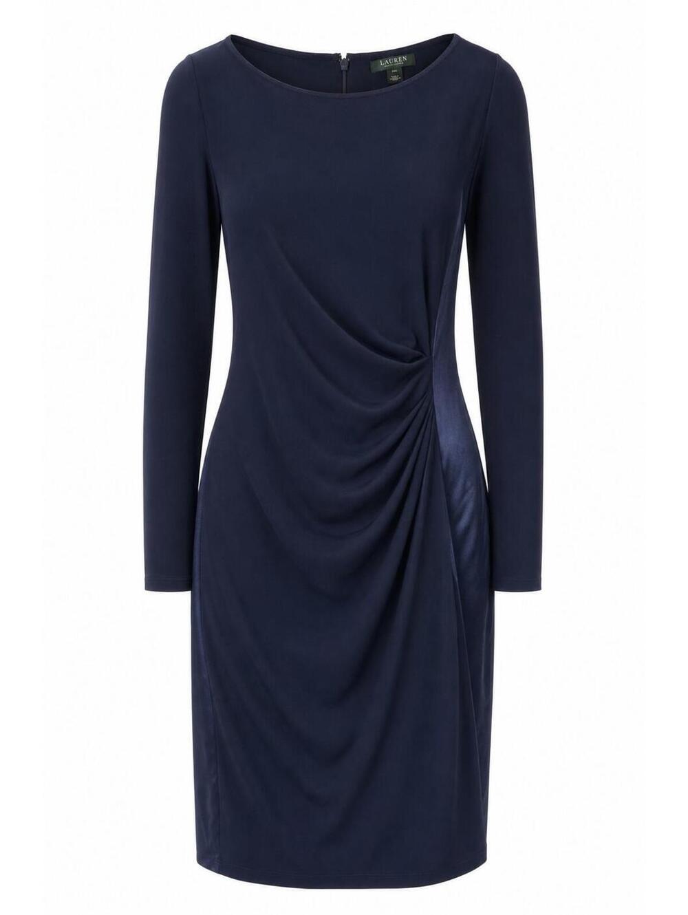 Lauren Ralph Lauren Women's Navy Blue Draped Sheath Dress Boat Neck 18W Formal